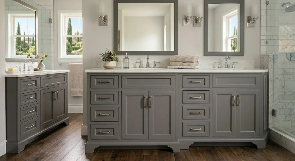 Gray Shaker 60" W Vanity Sink Drawer Base Cabinet 4 Drawer, 1 Fake Drawer and 2 Door