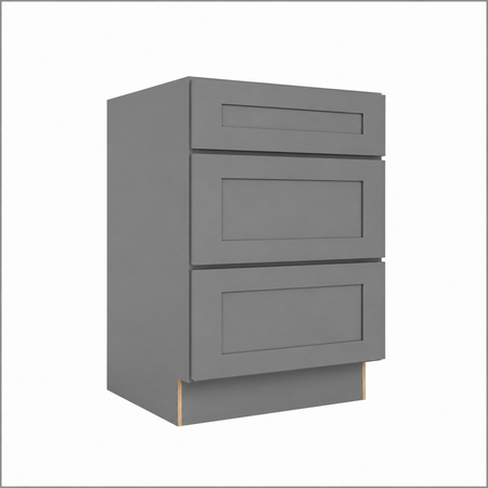 A three-drawer kitchen cabinet in a matte medium gray finish, shown from a three-quarter angle against a light gray background.