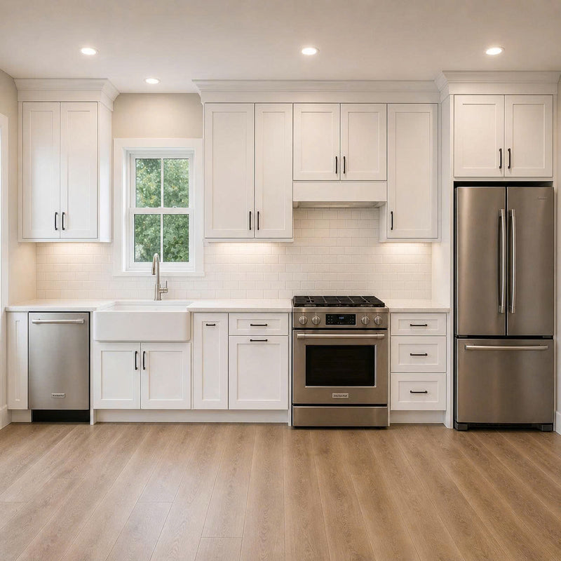 Modern kitchen with stainless steel appliances and white cabinets. ( USA Cabinets Outlet )