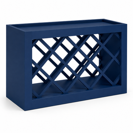 A navy blue wooden wine rack with a rectangular frame and a diamond crisscross lattice design inside, shown on a clean white background| USA Cabinets Outlet|