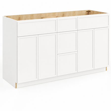 Slim Shaker White 60"W Double Sink Vanity Drawer Base Cabinet | USA Cabinets Outlet