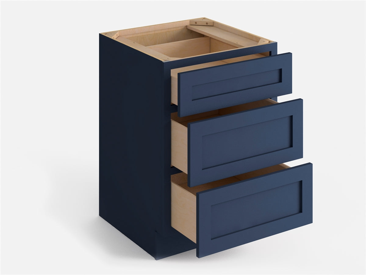 Navy Blue Shaker Three Drawer Base Cabinet