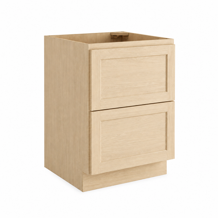 A light oak wood two-drawer base cabinet shown from a three-quarter angle on a solid white background.| USA Cabinets Outlet|