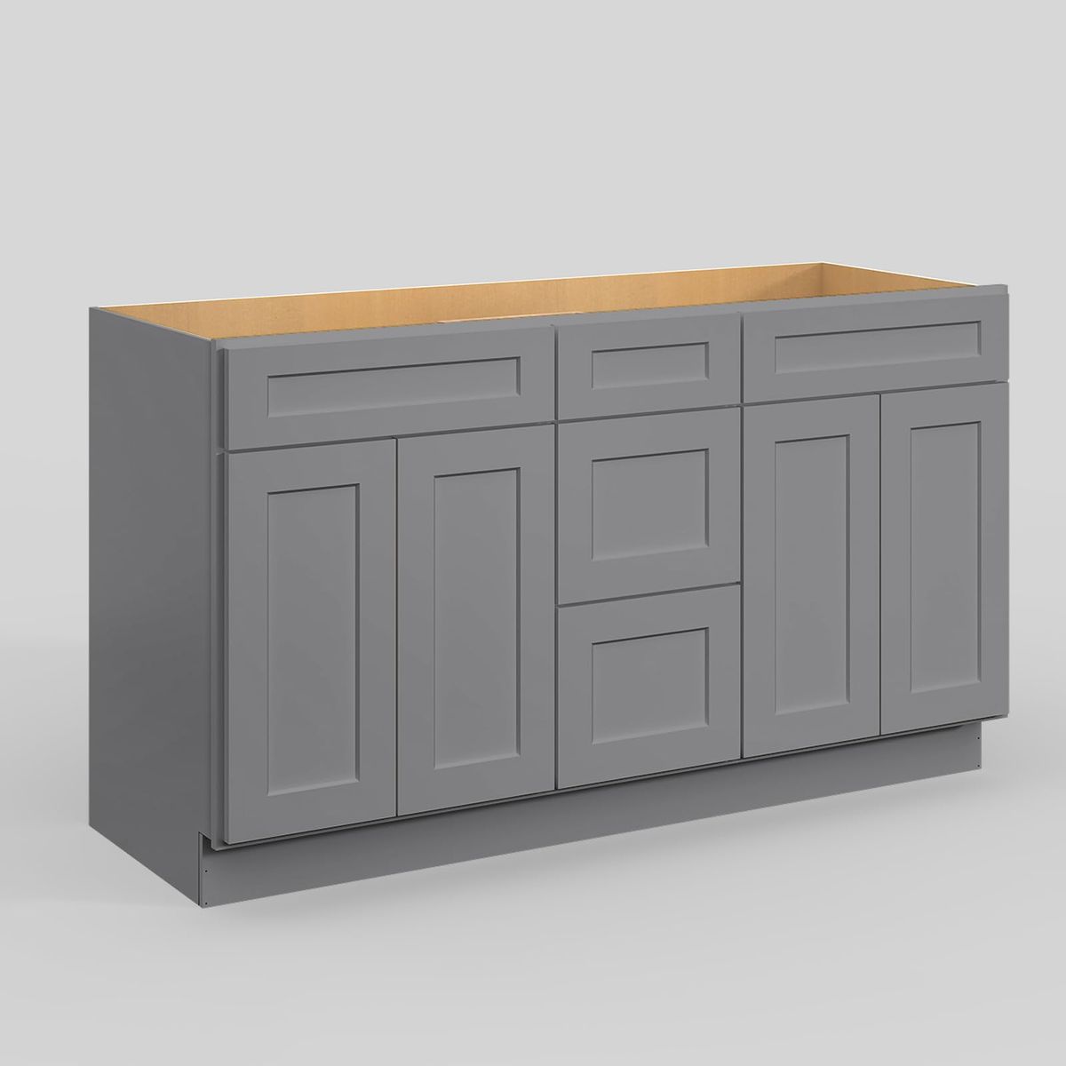 Gray Shaker 60" W Vanity Sink Drawer Base Cabinet 3 Drawer, 2 Fake Drawer and 4 Door