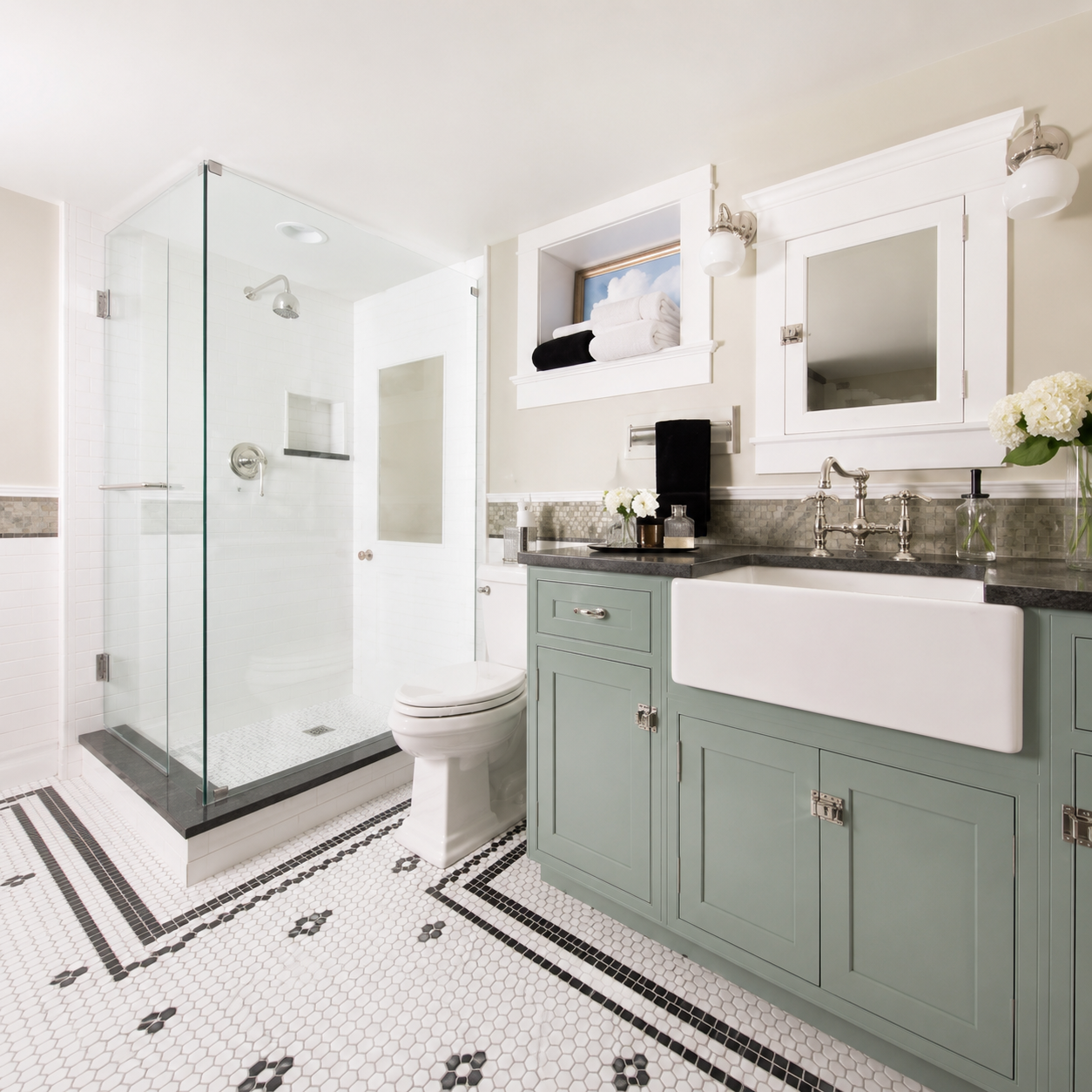 A modern bathroom vanity area with a walk-in glass shower enclosure, white toilet, white farmhouse sink, sage green cabinets, dark countertop, and black-and-white patterned tile floor.|USA Cabinets Outlet |