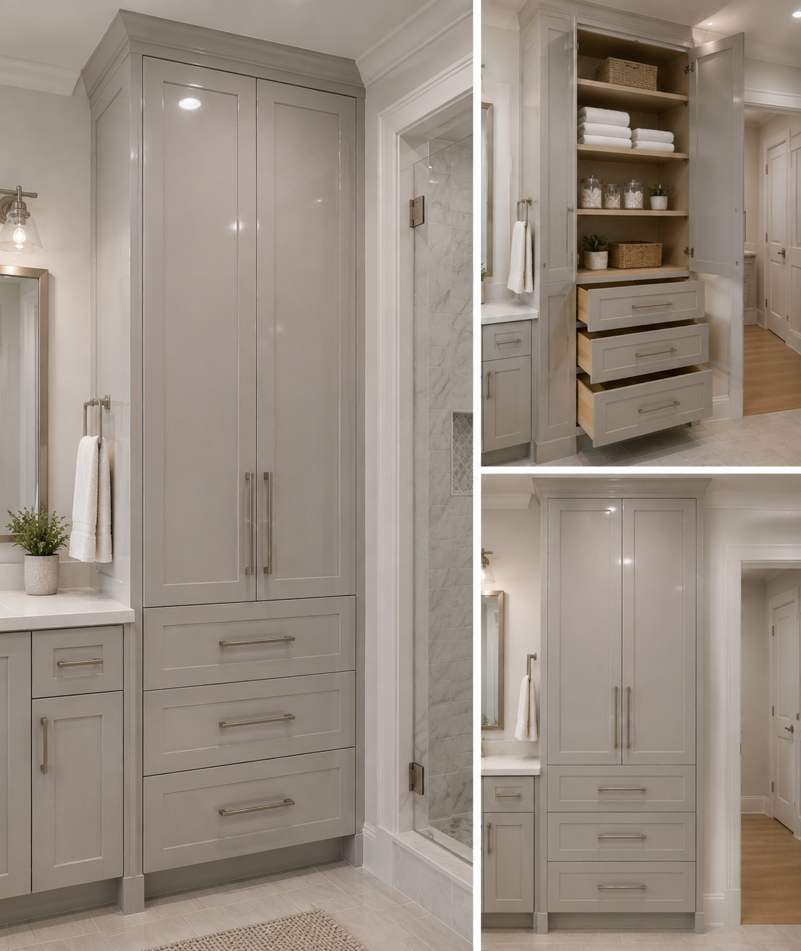Built-in white bathroom linen cabinet with tall storage doors and drawers, designed to keep towels and everyday essentials organized in a clean modern bathroom by USA Cabinets Outlet 