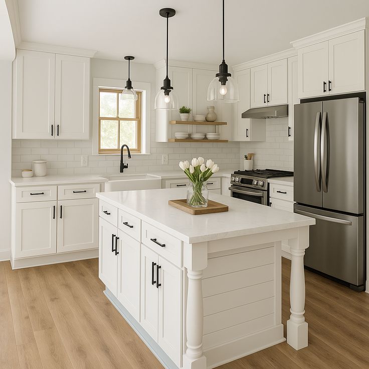 White Shaker kitchen cabinets in a bright modern kitchen