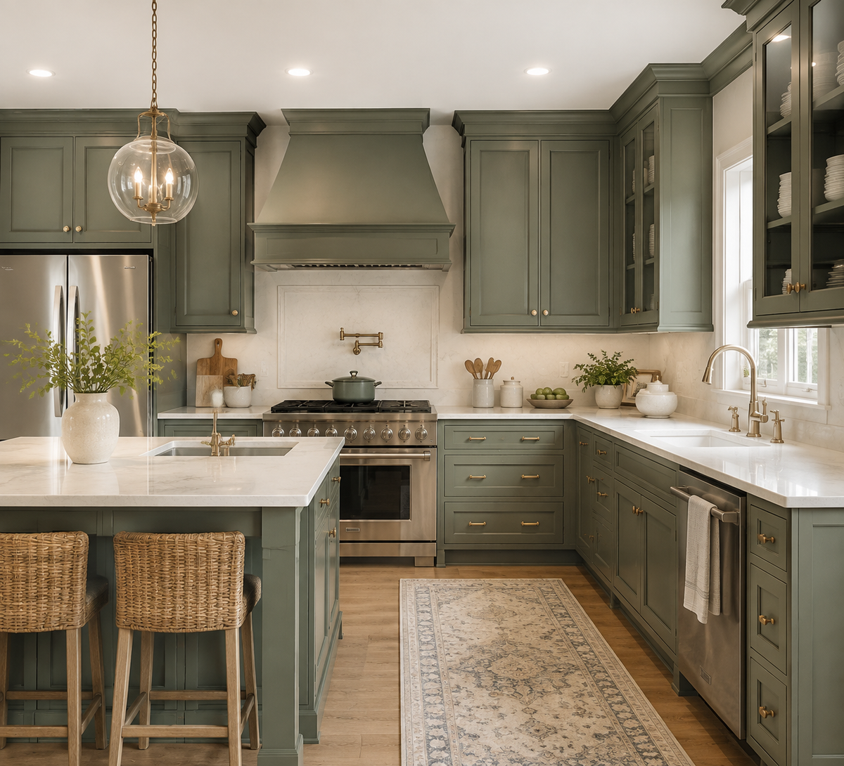 A kitchen featuring sage green cabinets, a large island, and clean white countertops with a warm and timeless design from USA Cabinets Outlet.