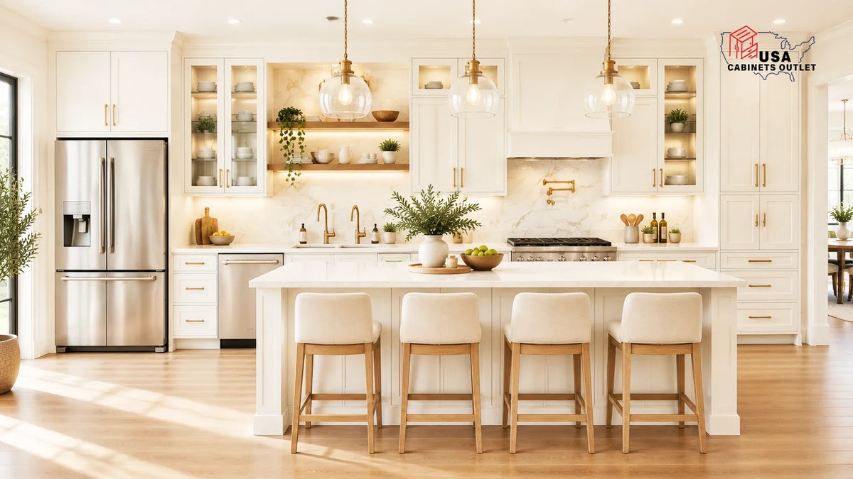 Modern white shaker kitchen cabinets with island and quartz countertop