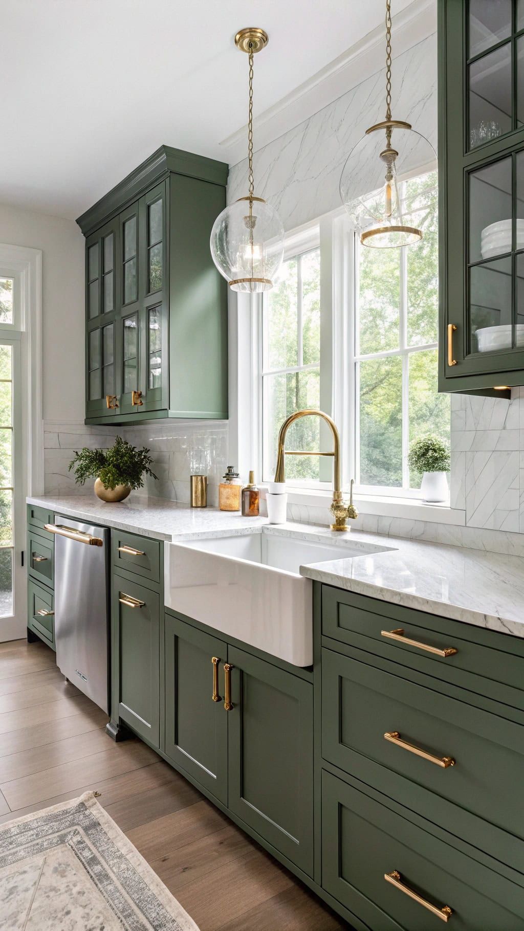 Modern kitchen with green cabinets, white countertops, and gold fixtures ( USA Cabinets Outlet )