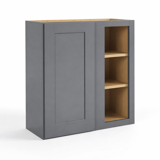 Gray cabinet with wooden shelves on a white background at USA Cabinets Outlet.