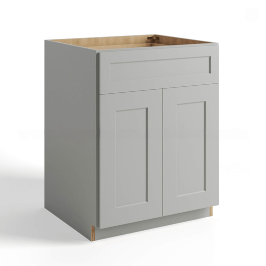 Gray kitchen cabinet with wooden top on a white background at USA Cabinets Outlet.