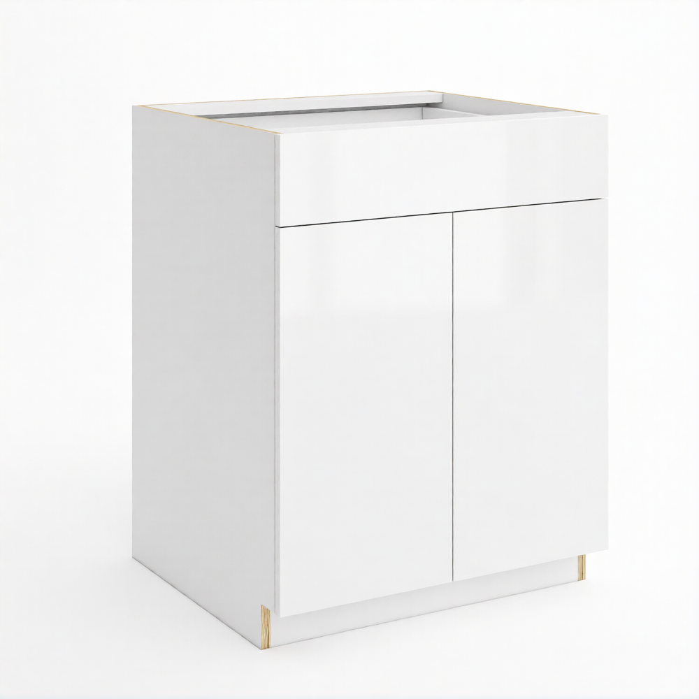 Frameless Gloss White Base Cabinet Double Door and Single Drawer