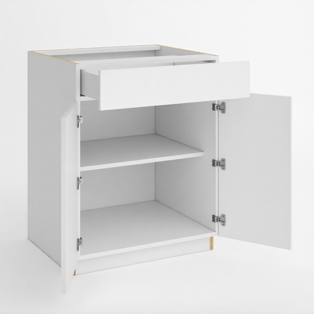 Frameless Gloss White Base Cabinet Double Door and Single Drawer