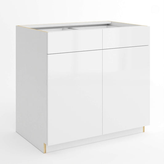 Frameless Gloss White Sink Base With Double Doors and Double Dummy Drawer Vanity Sink Base
