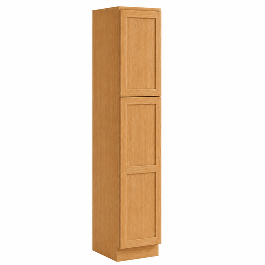 A tall, narrow two-door cabinet in a warm light oak wood finish, shown on a plain white background.|USA Cabinets Outlet |