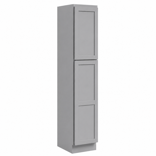 A tall, narrow gray double-door cabinet with a shaker-style paneled design, shown on a plain white background.|USA Cabinets Outlet |
