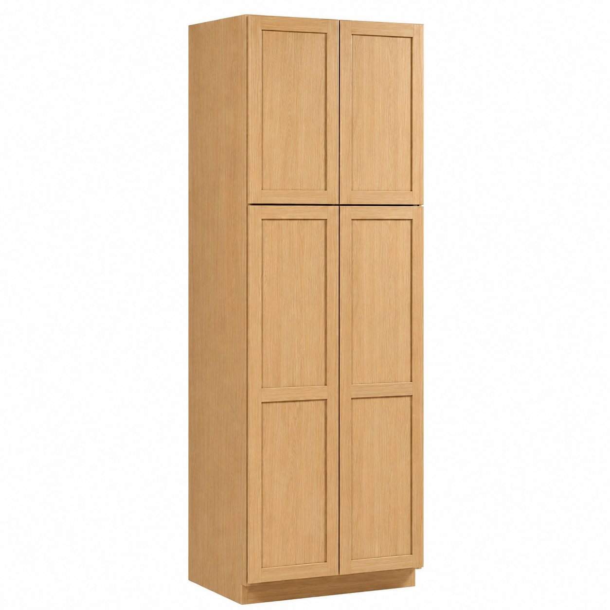 A tall, narrow wooden storage cabinet with four paneled doors in a light oak finish, shown against a plain white background.|USA Cabinets Outlet |