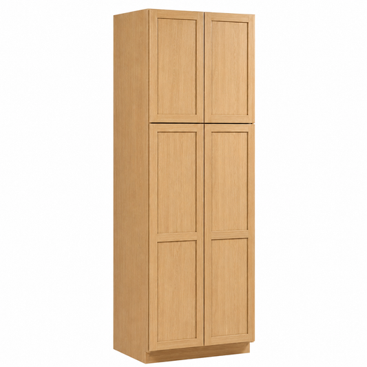 A tall, narrow wooden storage cabinet with four paneled doors in a light oak finish, shown against a plain white background.|USA Cabinets Outlet |