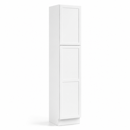 A tall, narrow white storage cabinet with two stacked doors featuring a recessed panel design, shown on a clean white background.|USA Cabinets Outlet |