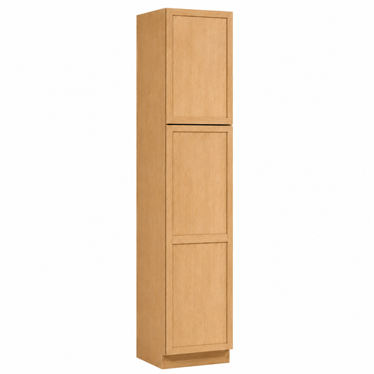 A tall, narrow kitchen cabinet in a light natural wood finish, featuring two front doors with a horizontal divider.|USA Cabinets Outlet |