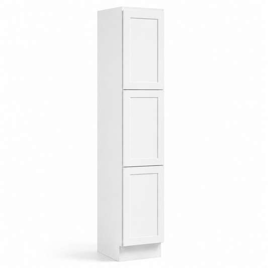A tall, narrow white storage cabinet with three vertically stacked paneled doors, shown on a clean white background.|USA Cabinets Outlet |