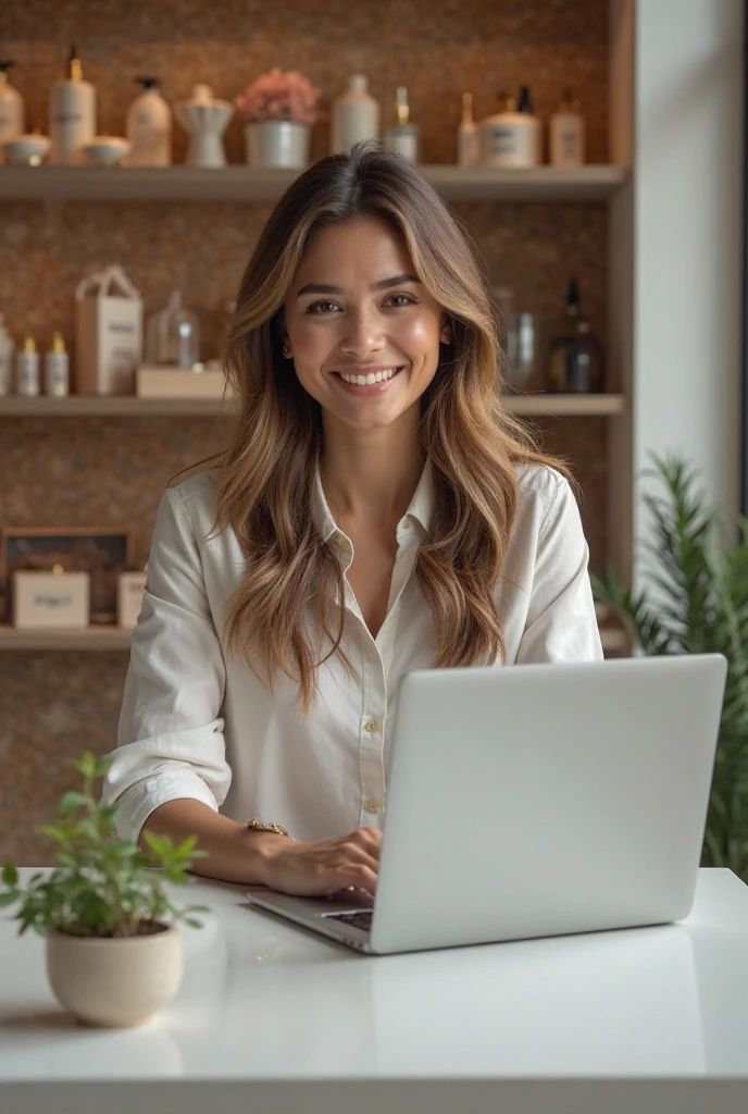 Woman using a laptop at a desk with a shelf of products in the background ( USA Cabinets Outlet )