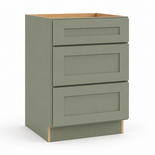 Jade Green Shaker Three Drawer Vanity Sink Base Cabinet