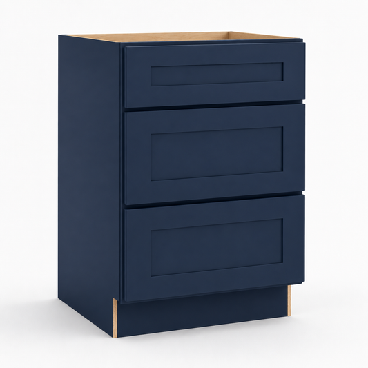 Navy Blue Shaker Three Drawer Base Cabinet