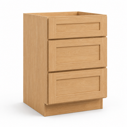 Natural Oak Shaker Vanity Three Drawer Base Cabinet