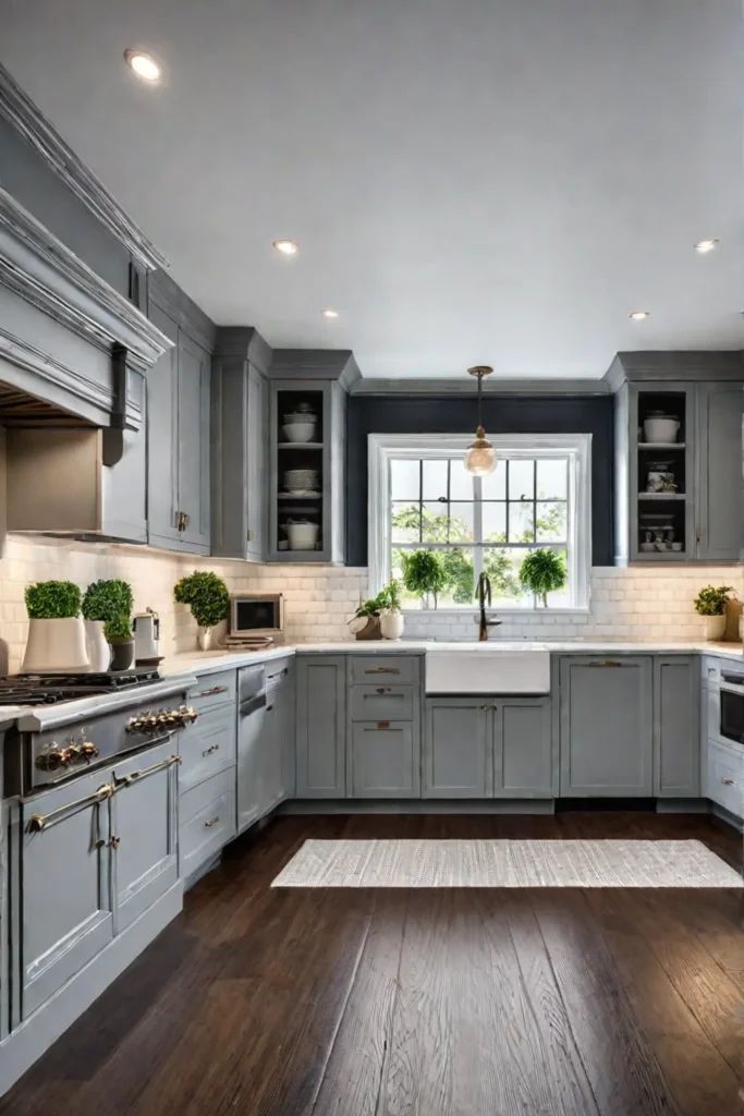 Modern kitchen with gray cabinets, white countertops, and wooden flooring ( USA Cabinets Outlet )