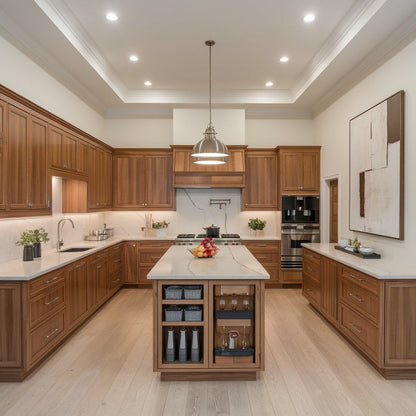 Modern kitchen with wooden cabinets, island, and stainless steel appliances ( USA Cabinets Outlet )