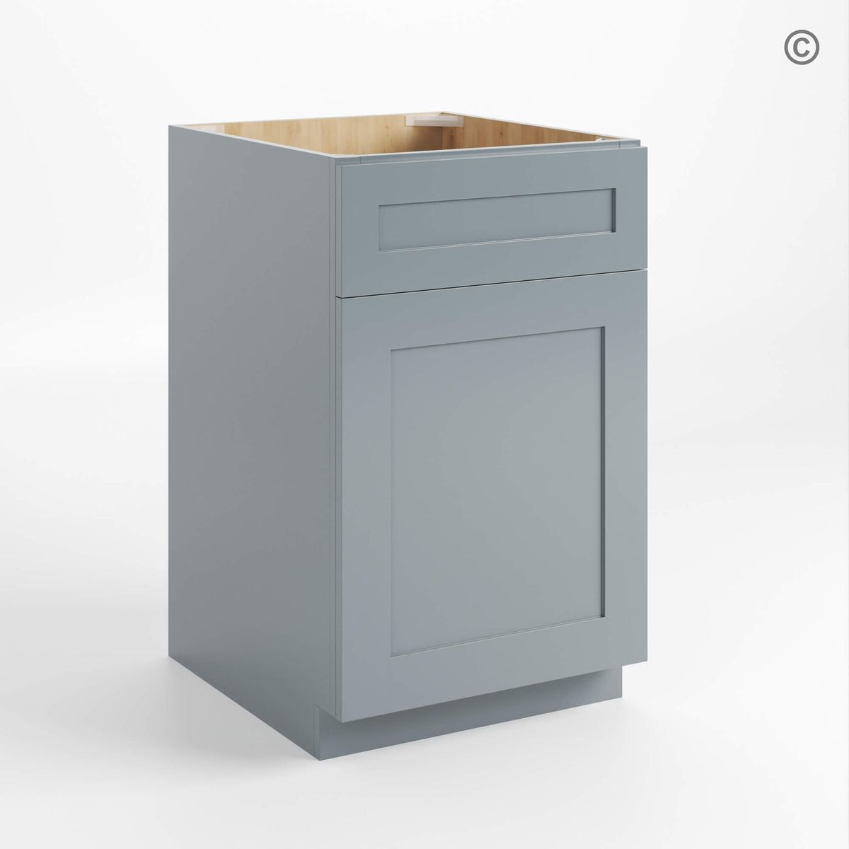 Gray base cabinet with a wooden top on a white background (USA Cabinets Outlet)