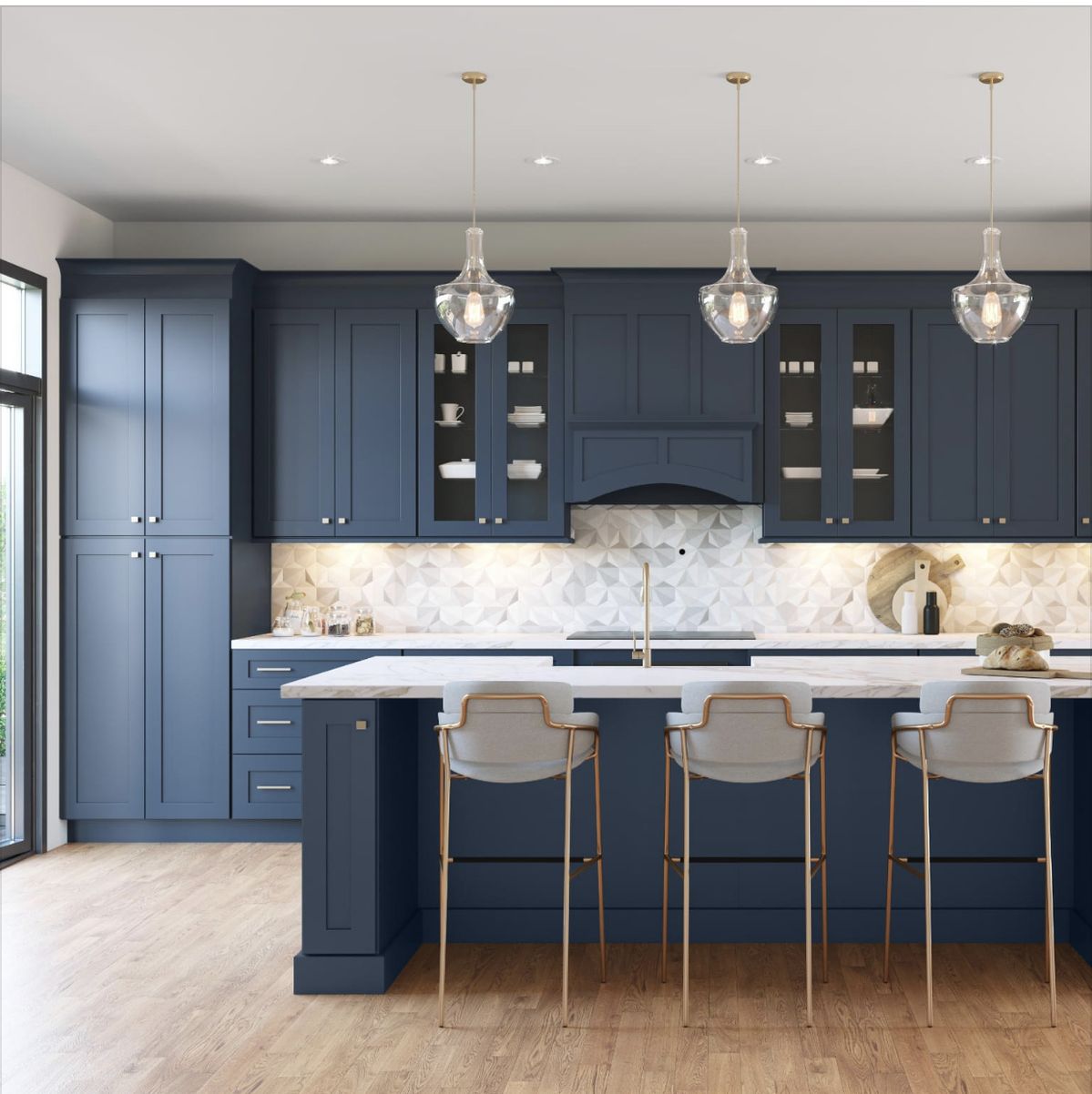 Modern kitchen with navy blue cabinets, white countertops, and pendant lights ( USA Cabinets Outlet )