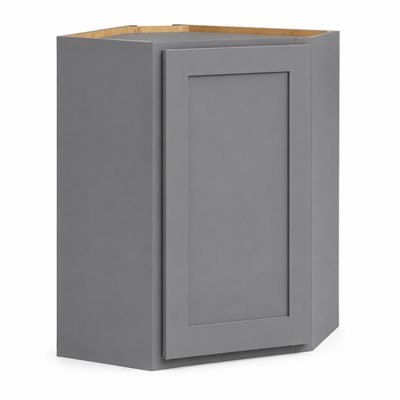 A gray corner wall cabinet shown at a three-quarter angle on a white background, with the natural wood interior top edge visible.