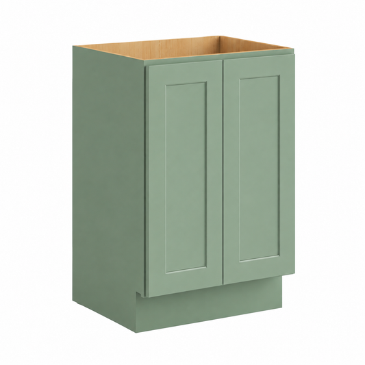 A sage green double-door base cabinet with a natural wood top interior, shown on a plain white background ( USA Cabinets Outlet )