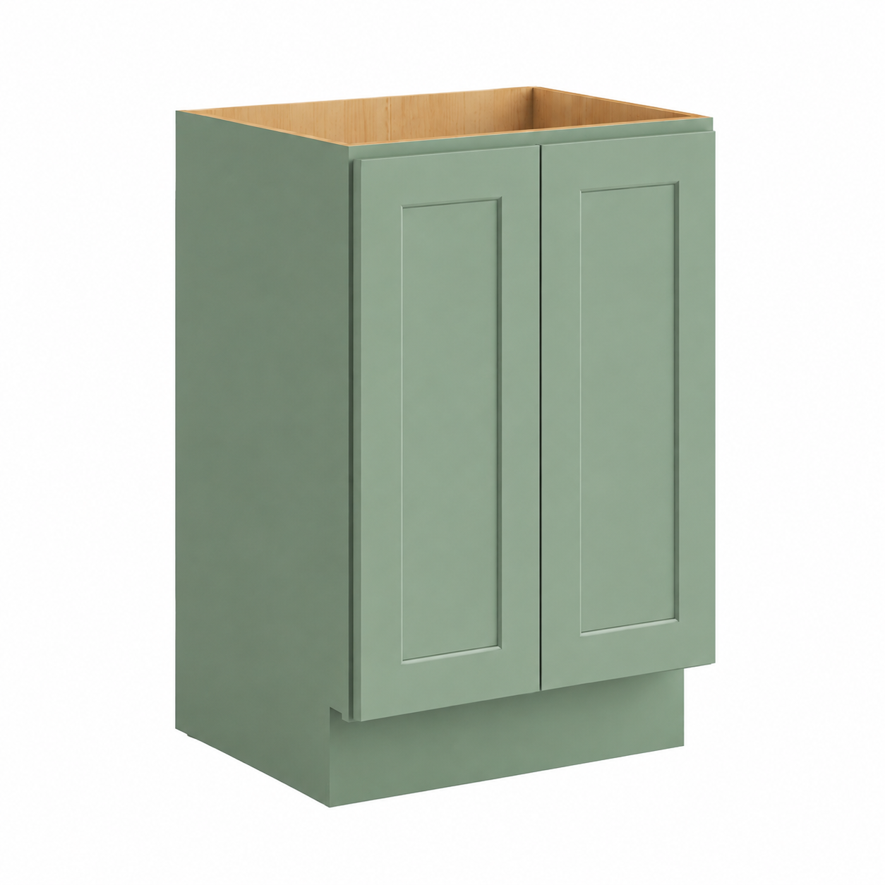 A sage green double-door base cabinet with a natural wood top interior, shown on a plain white background ( USA Cabinets Outlet )
