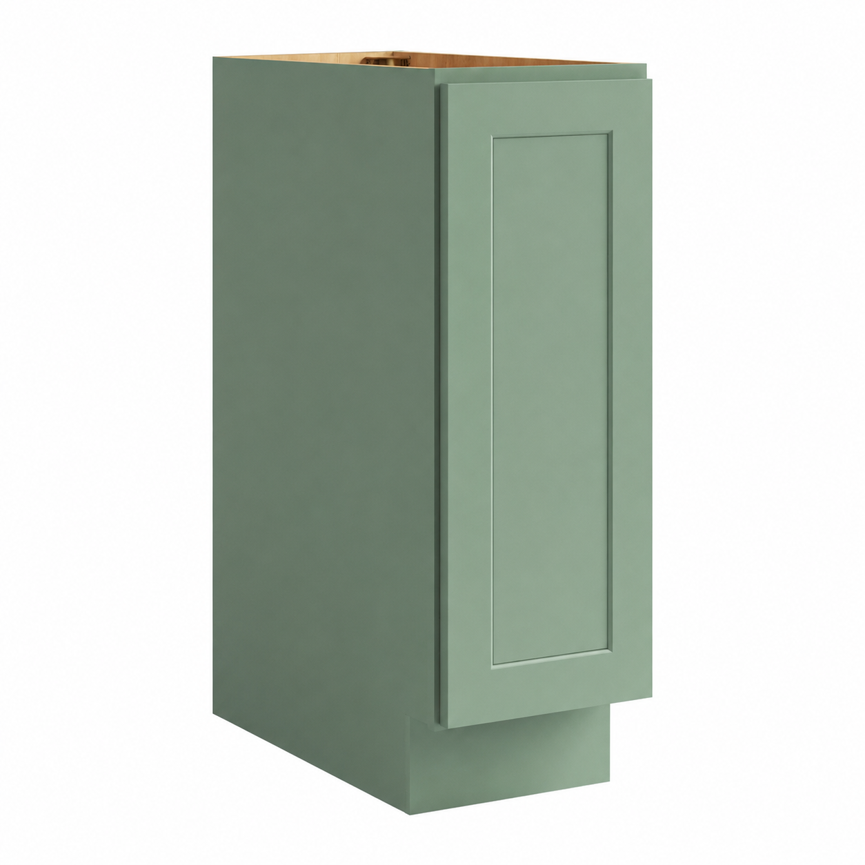 A single tall base cabinet shown on a plain white background. The cabinet has a muted sage green exterior and a light natural wood interior visible at the top ( USA Cabinets Outlet )