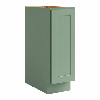 A single tall base cabinet shown on a plain white background. The cabinet has a muted sage green exterior and a light natural wood interior visible at the top ( USA Cabinets Outlet )
