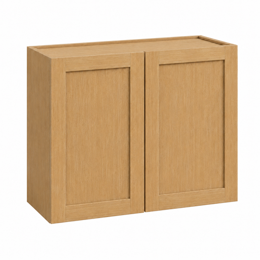 A wall-mounted two-door cabinet in a light oak wood finish, shown from a three-quarter angle against a plain white background.|USA Cabinets Outlet |