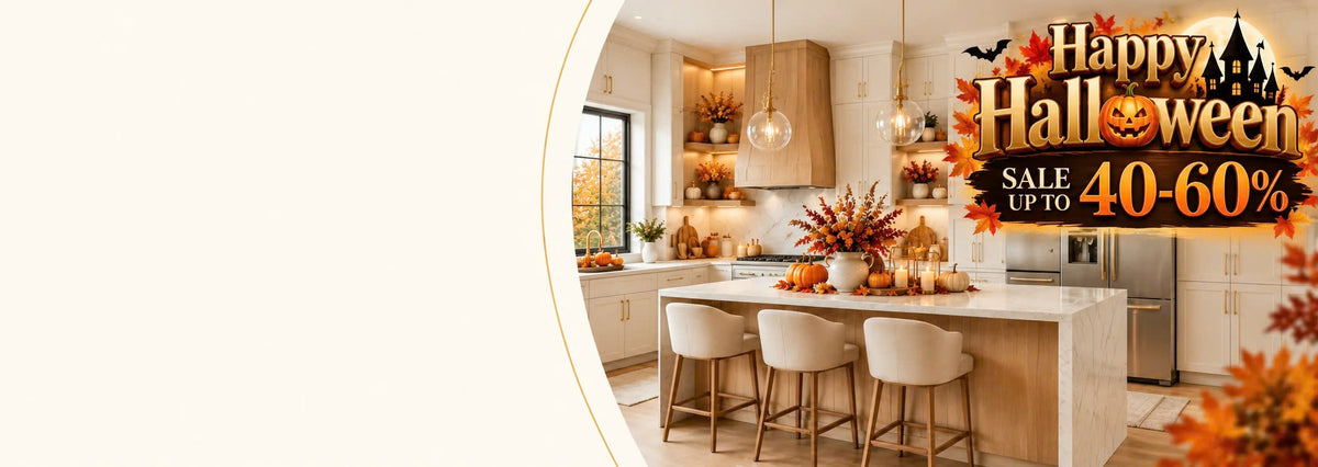 A promotional real-estate or home decor graphic showing a modern kitchen interior on the right, with a large 'Happy Halloween Sale up to 40-60%' banner overlay and decorative autumn leaves around the edge. The left side is a large cream-colored negative space - USA Cabinets Outlet