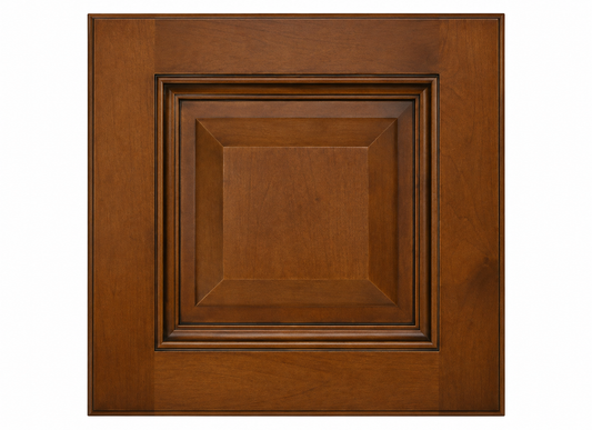 A square wooden cabinet door with a raised multi-tiered square panel design, shown against a plain white background.