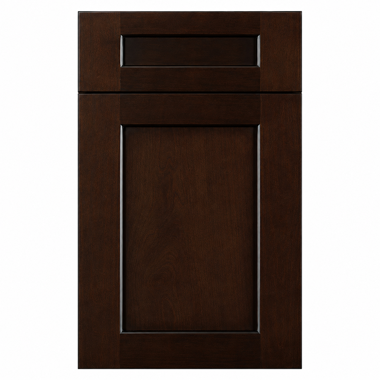 Dark brown cabinet door with a rectangular inset panel on a white background ( USA Cabinets Outlet ) 