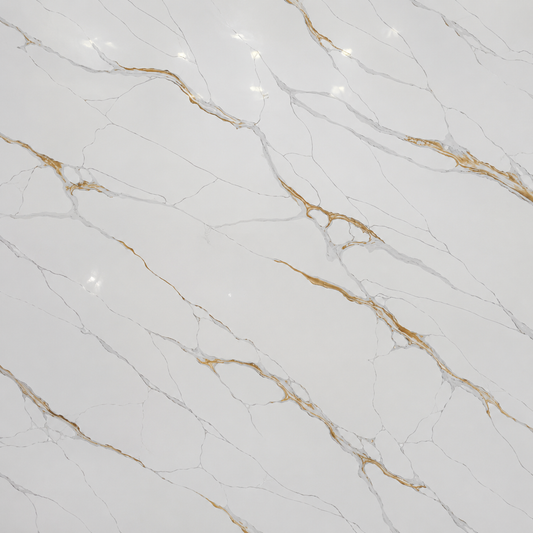 White marble-look surface with soft gray veining and irregular metallic gold veining across the surface.| USA Cabinets Outlet 