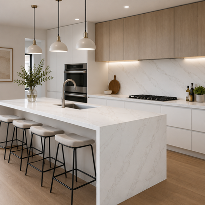A modern kitchen island with a white marble-look countertop and matching base cabinets, surrounded by four bar stools with light beige seats and black metal legs. The kitchen features light wood cabinetry, a white marble backsplash, built-in stainless steel appliances, and three pendant lights hanging over the island.| USA Cabinets Outlet 