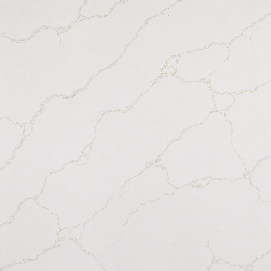 A close-up of a light warm off-white surface with delicate pale gray and faint beige veining, resembling polished stone or a marble-like material sample| USA Cabinets Outlet 