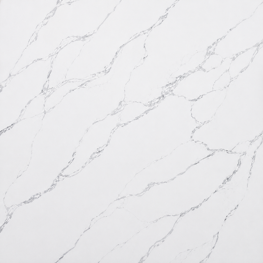 White marble-look surface with soft gray veining across the full frame.| USA Cabinets Outlet 