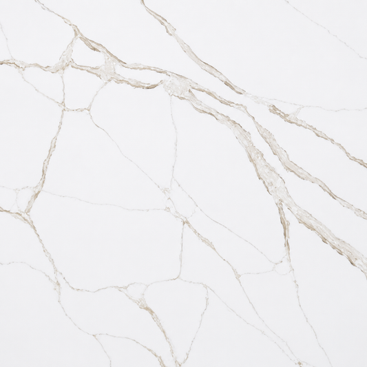 White marble-look surface with soft beige and light gray veining across the full frame.|USA Cabinets Outlet 