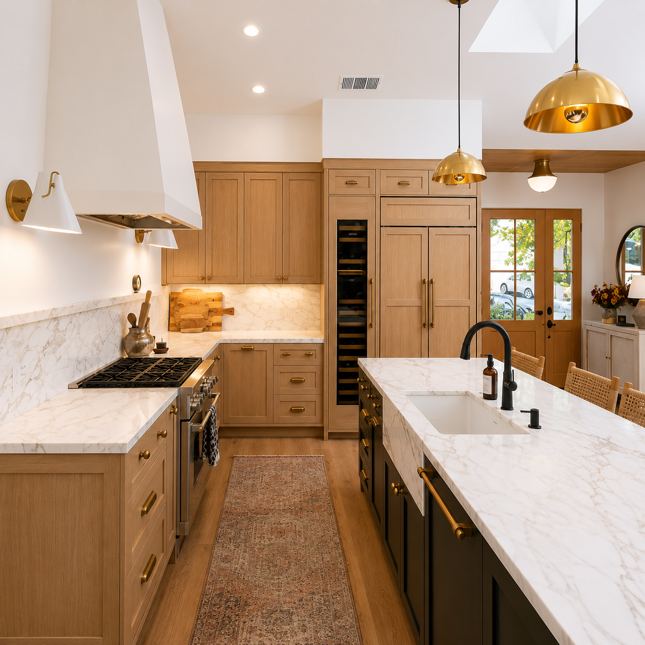 A modern kitchen interior with light wood cabinetry, white marble countertops, a central island, black range hood and faucet, and warm brass pendant lights and hardware.| USA Cabinets Outlet
