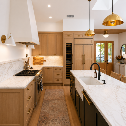 A modern kitchen interior with light wood cabinetry, white marble countertops, a central island, black range hood and faucet, and warm brass pendant lights and hardware.| USA Cabinets Outlet